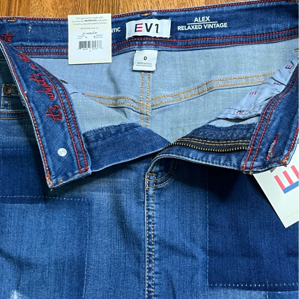 EV1 soft denim distressed pencil skirt, new with tags. Size 0